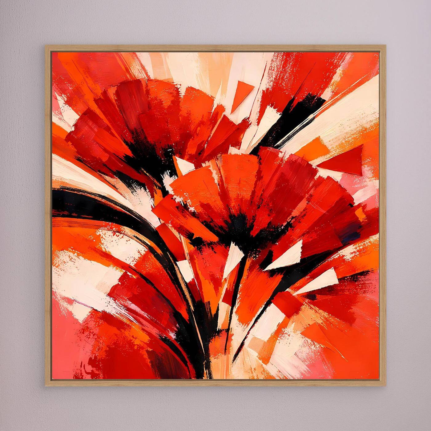 Leinwandbild mit abstraktem Mohnmotiv in Rot und Orange, Holzrahmen