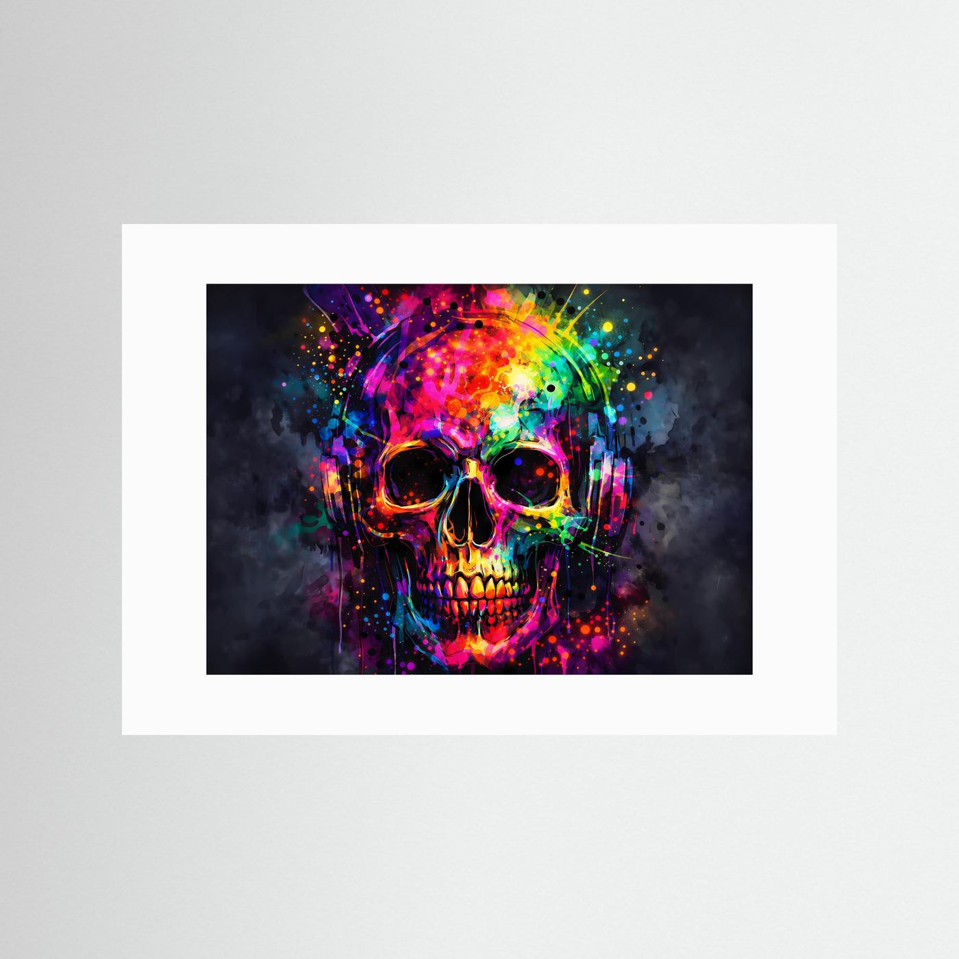 Neon-Kunstposter mit Totenkopf und Kopfhörern im Splash-Art-Stil, weißer Passepartout