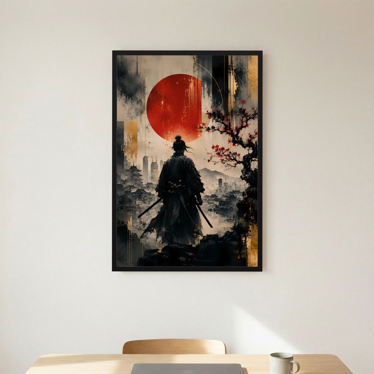 Hochformatiges Kunstposter im schwarzem Rahmen: dunkler Samurai, rote Kreis-Sonne, Schwert