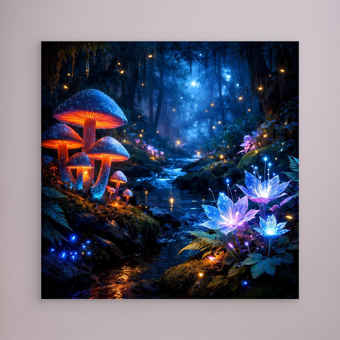 Leinwandbild mit leuchtendem Fantasy-Wald, Pilzen und blauen Lichtakzenten, ohne sichtbaren Rahmen