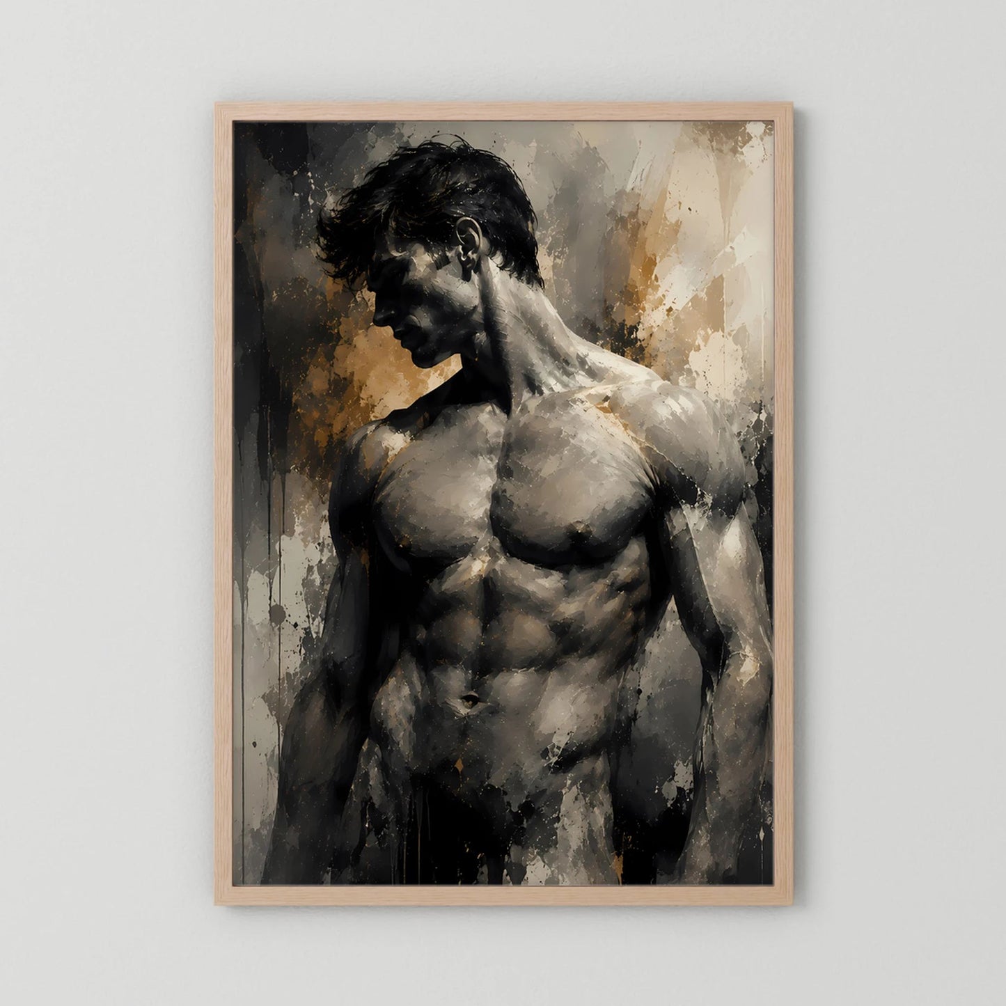 Kunstposter: abstrakter Männerakt in Schwarz und Gold, mit hellem Holzrahmen