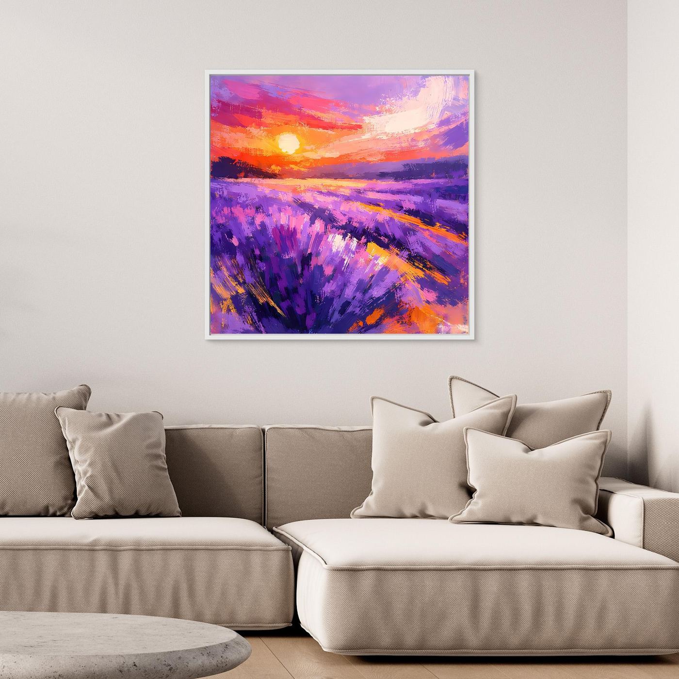 Abstract lavender field sunset canvas wall art with slanted purple lavender rows