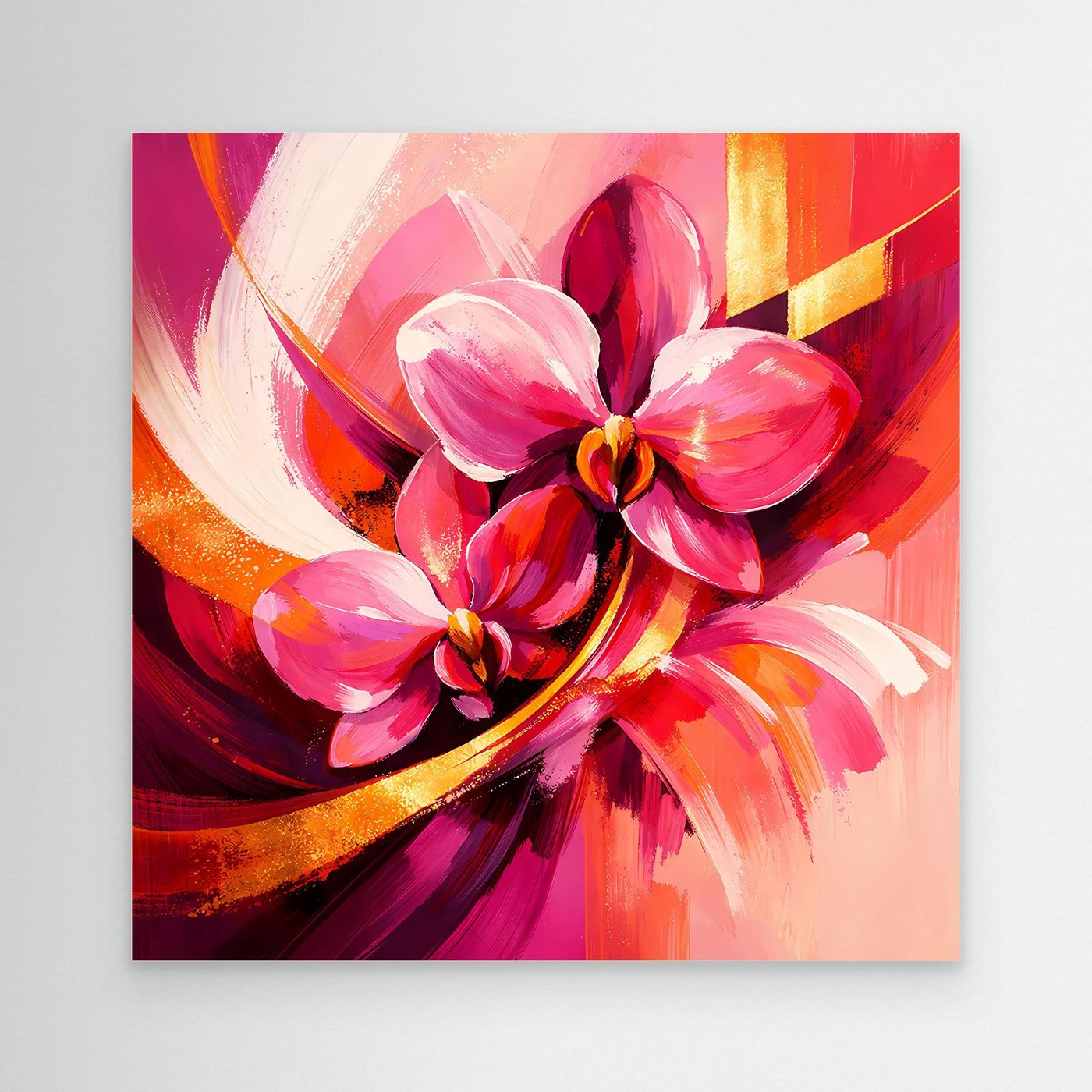 Abstraktes Leinwandbild mit Orchideenblüten in Pink, Rot und goldenen Akzenten