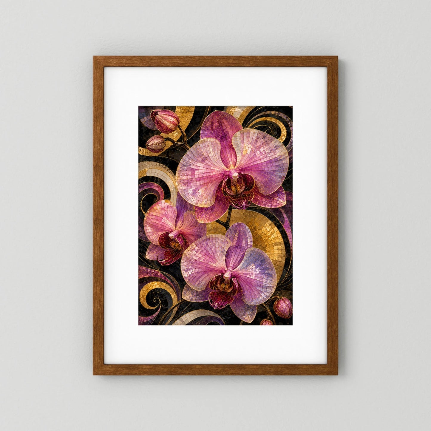 Hochformatiges Kunstposter mit braunem Holzrahmen und rosa Orchideen im Mosaikstil.