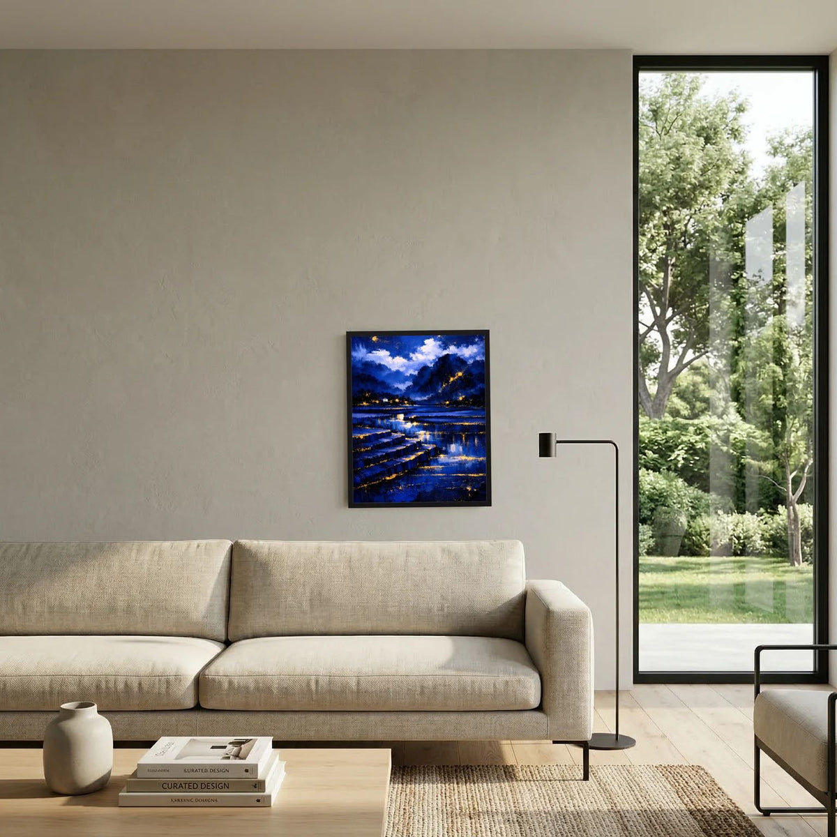 Poster im Raum: abstrakte blaue Nachtlandschaft mit goldenen Lichtpunkten und Spiegelung im Wasser