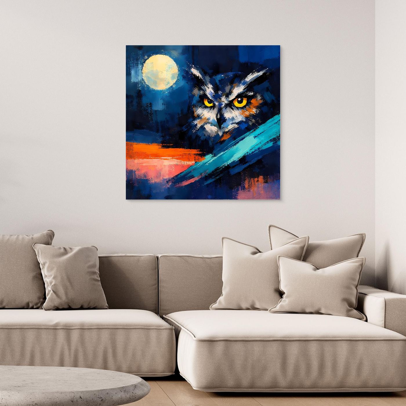 Premium Leinwand Mystische Eule bei Vollmond | Abstraktes Kunst Poster Modernes Nacht Wandbild
