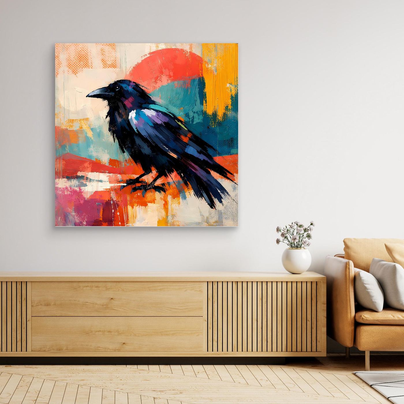 Abstract raven bird canvas wall art with blue feathers and red, orange, teal, and white marks