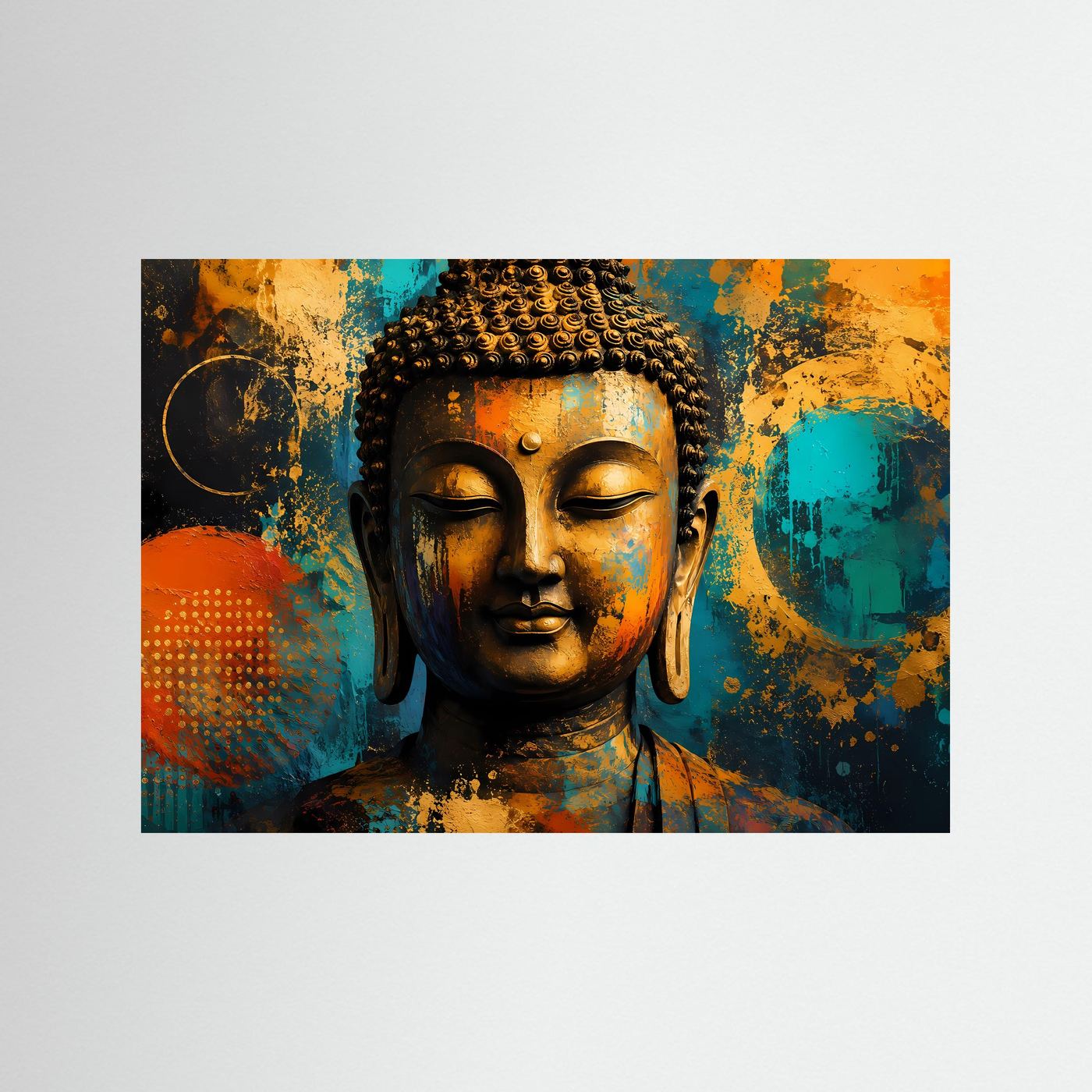 Goldener Buddha mit abstrakten Kreisen | Spirituelles Zen & Mindfulness Poster im Hochformat