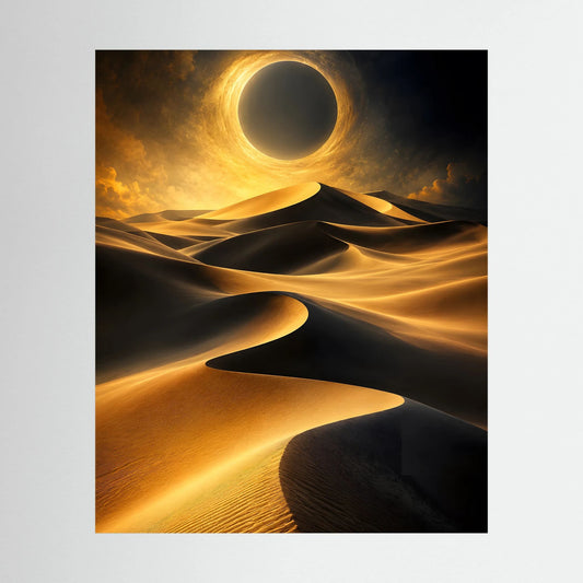Kunstposter im Hochformat: goldene Sonnenfinsternis über dunklen Wüstendünen