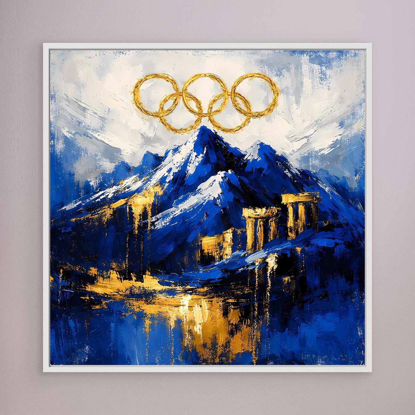 Leinwand Olympischer Geist am Mount Olympus | Abstraktes Berge Wandbild Gold Blau