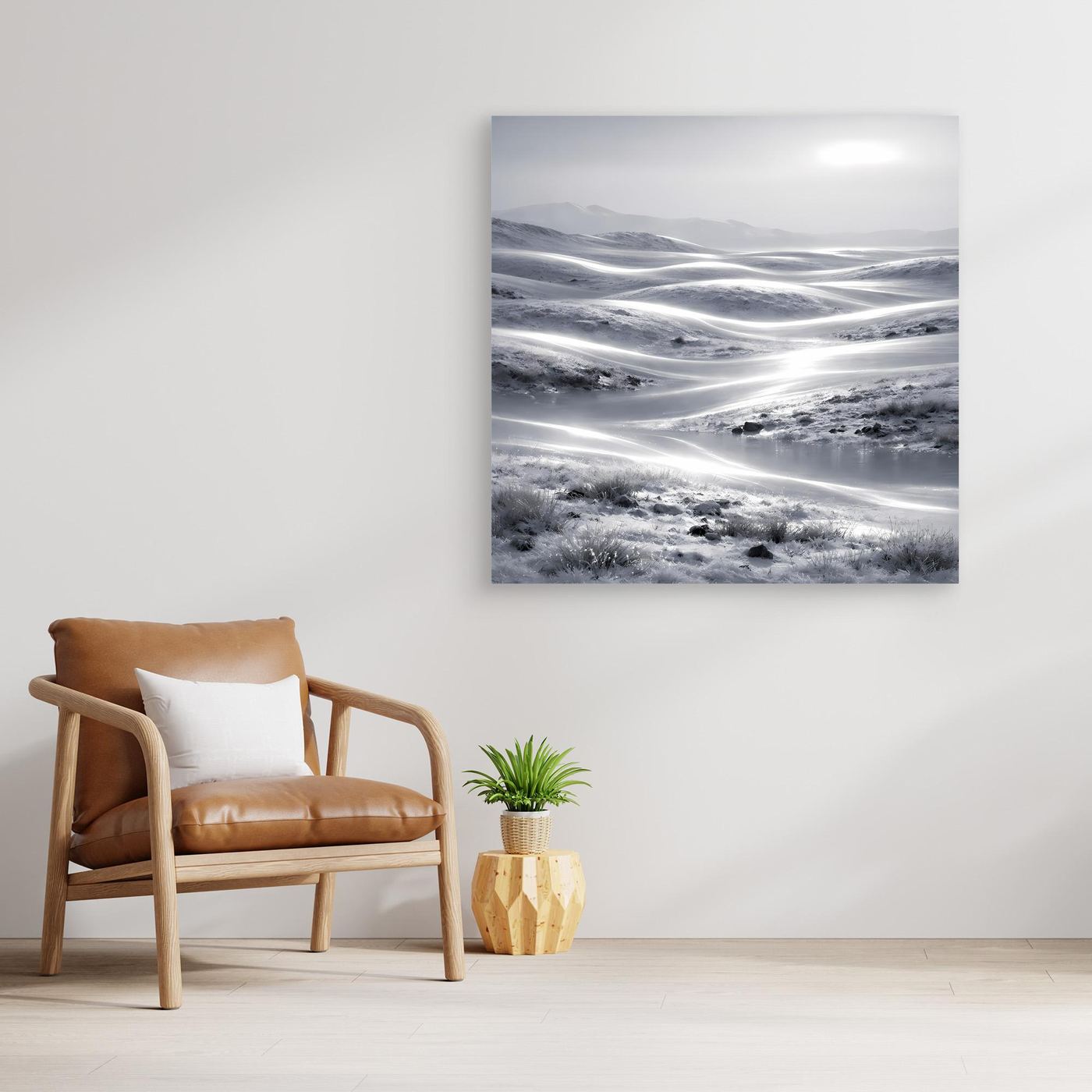Leinwandbild ohne Rahmen mit abstrakter Winterlandschaft: schneebedeckte Dünen und Tal