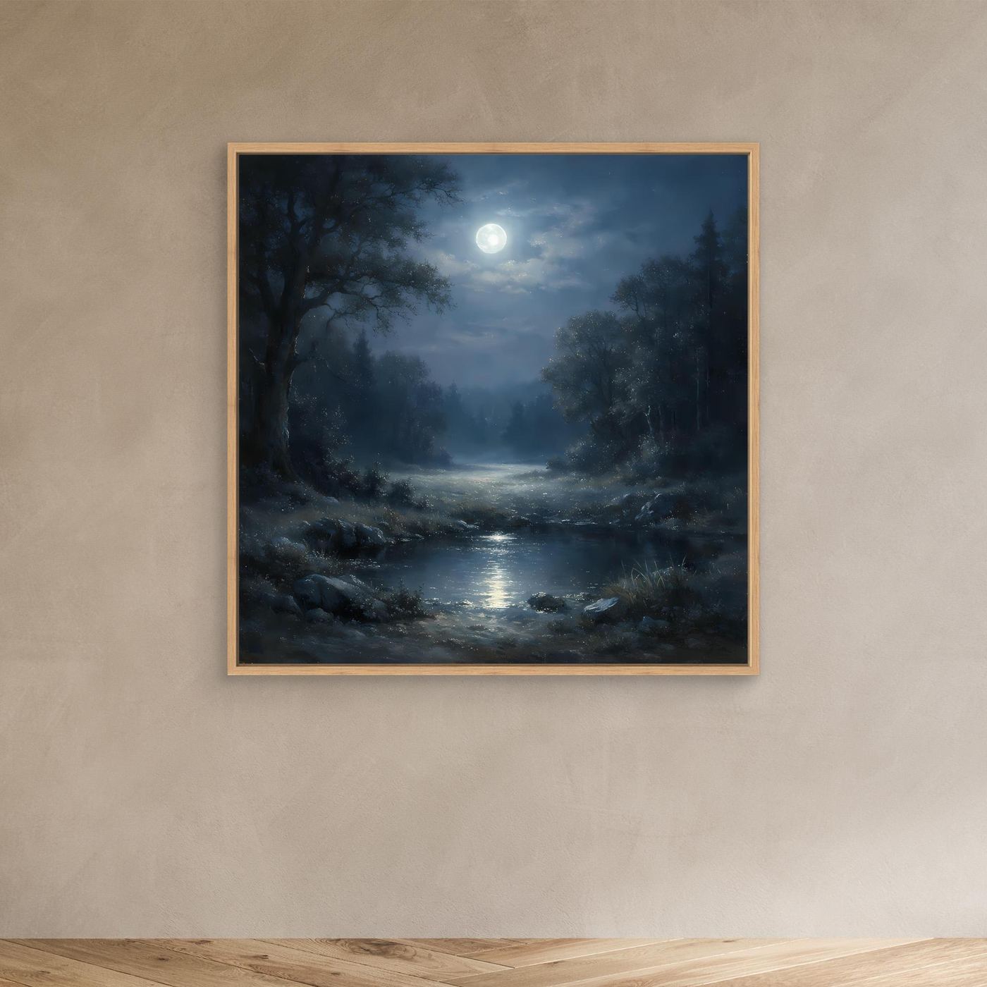 Leinwandbild Nachtwald mit Fluss und hellem Mond, Nebelstimmung, im Eichenrahmen