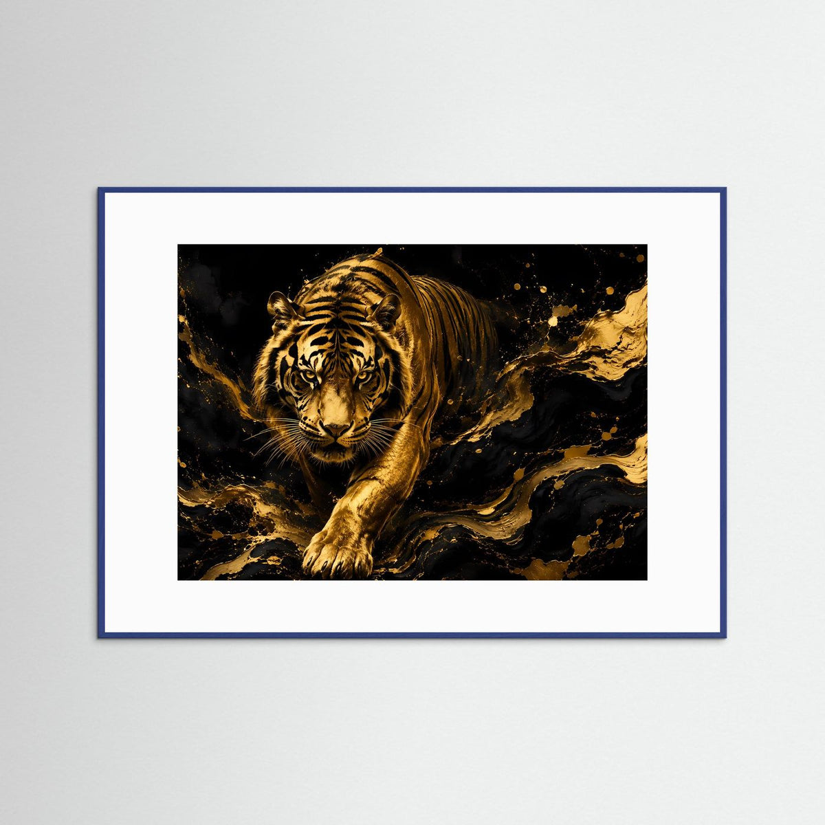 Poster im Querformat mit gold-schwarzem Tiger, gedruckt auf dunklem Hintergrund