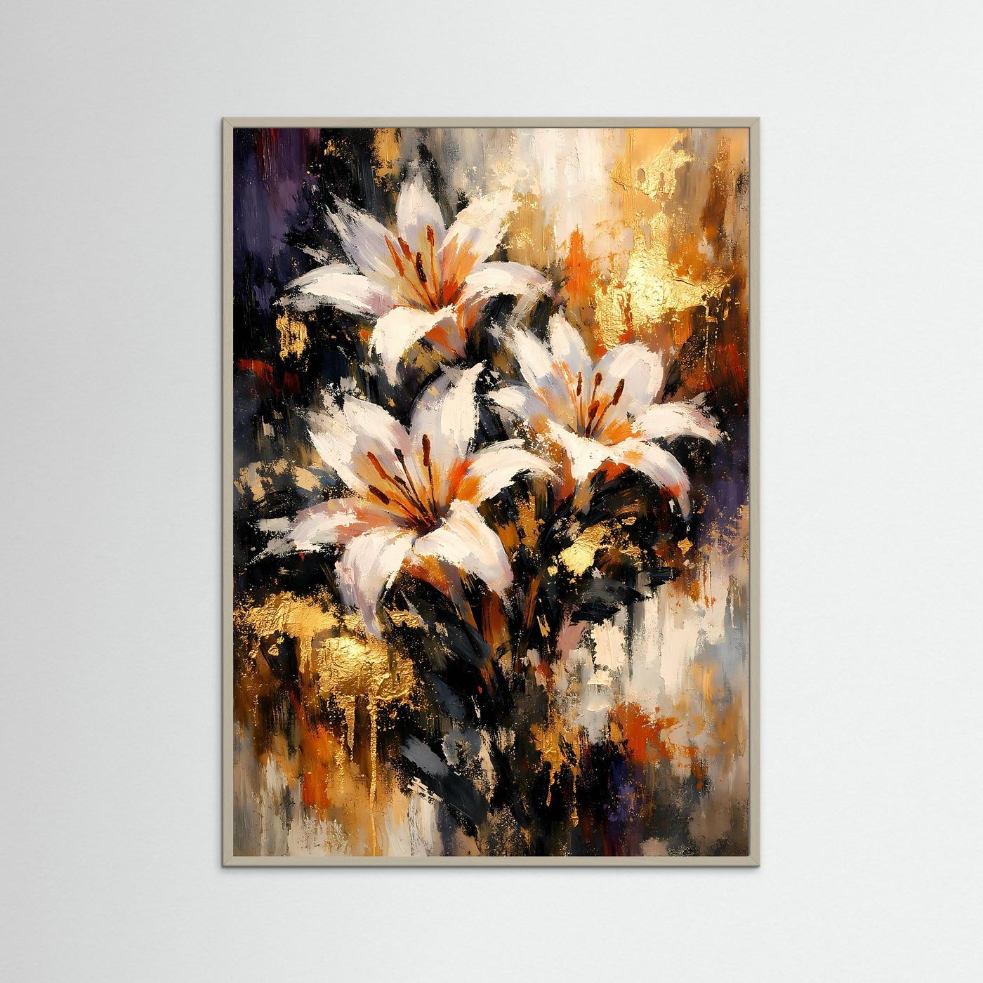 Hochformatiges Kunstposter mit abstrakten weißen Lilien und goldenen Akzenten im grauen Rahmen