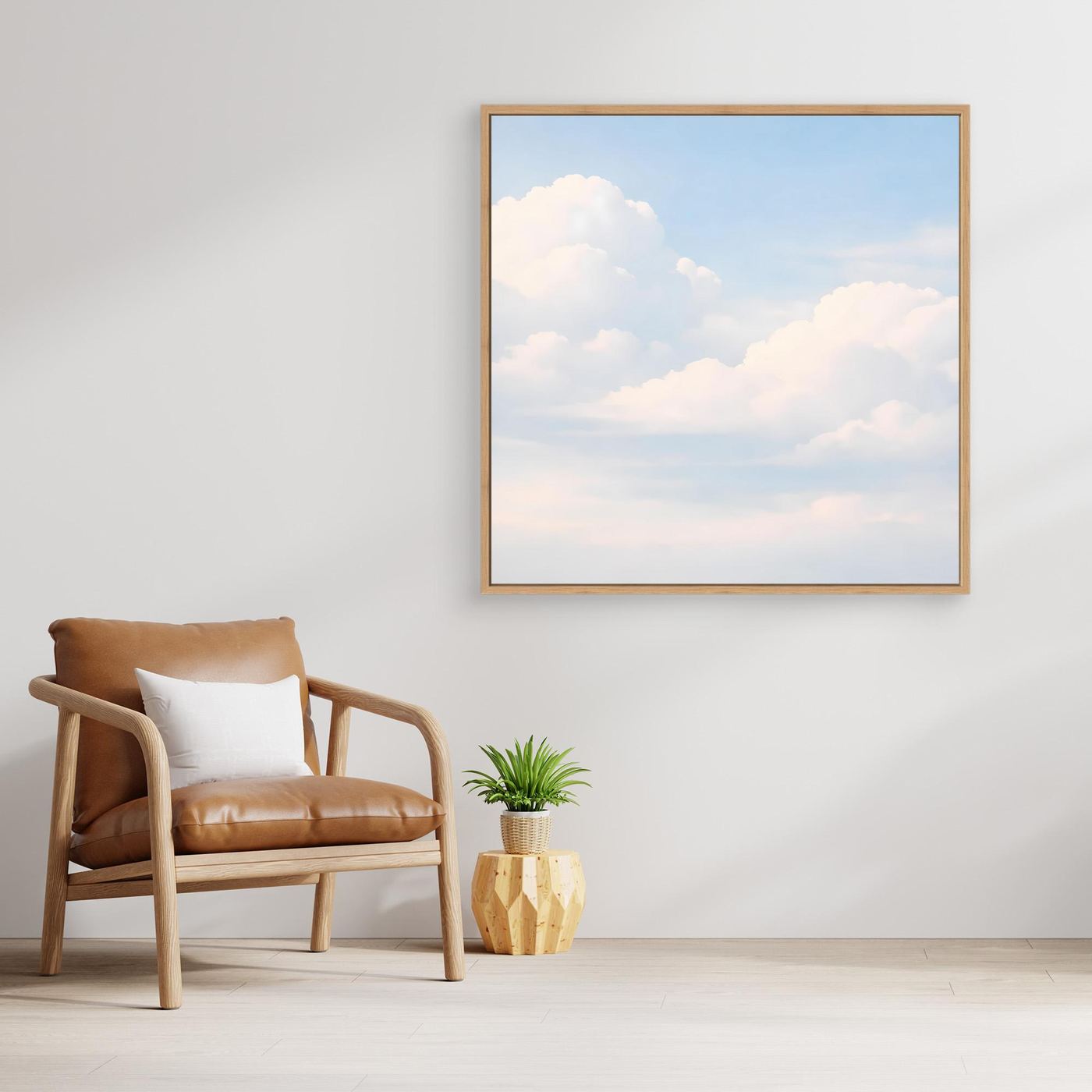 Leinwandbild mit pastellfarbenem Himmel und sanften Wolken, Eichenrahmen