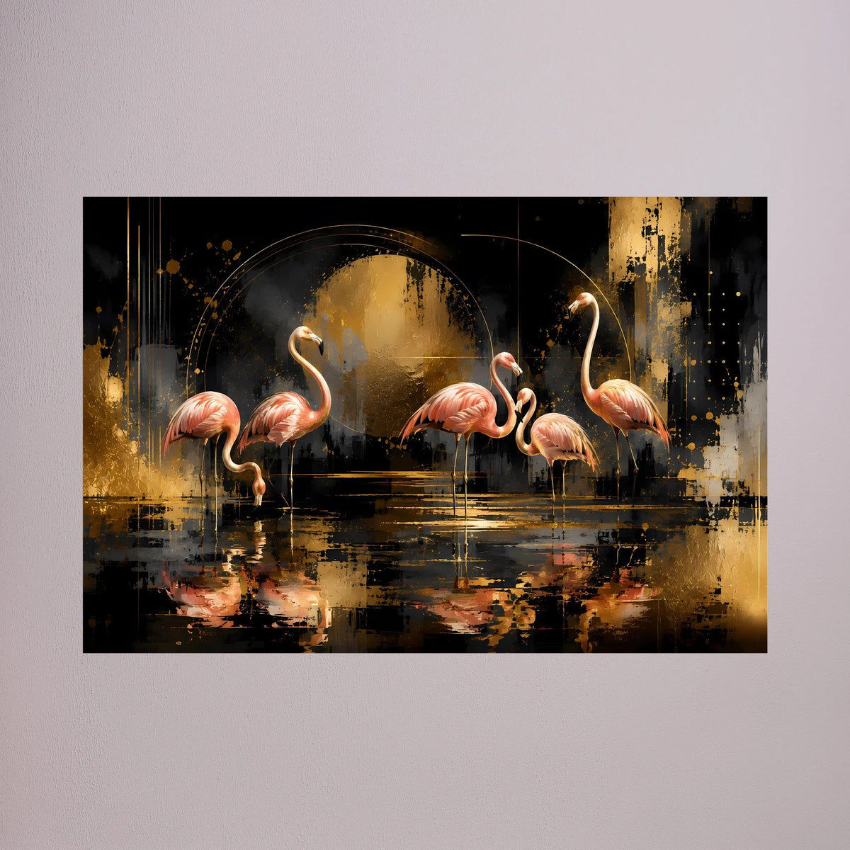 Querformat-Poster mit abstrakten Flamingos in Rosa, Schwarz und Gold