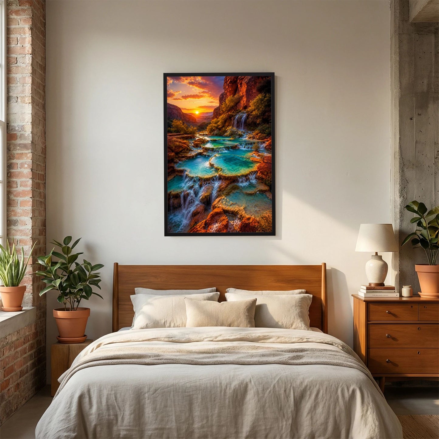 Hochformat-Poster im Rahmen über dem Bett: Wasserfälle im Canyon mit türkisfarbenen Becken