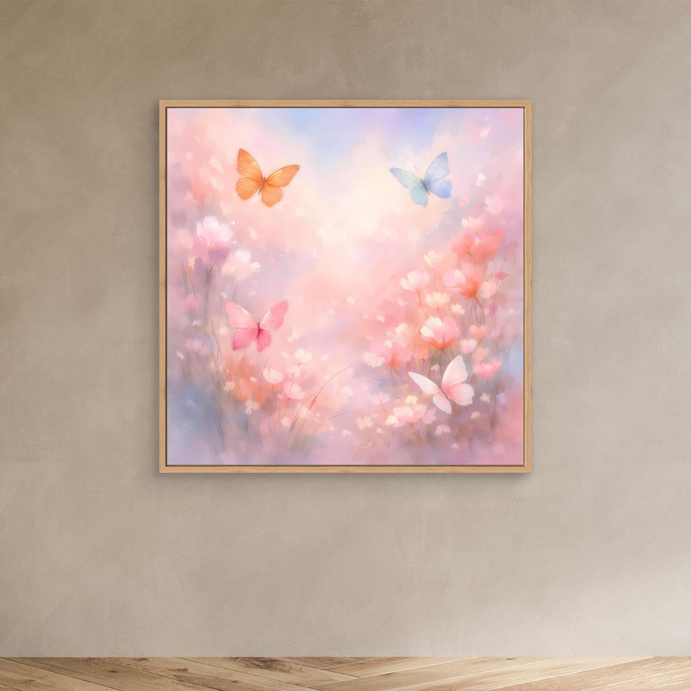 Leinwandbild mit Schmetterlingen im Pastellrosa mit beigem Rahmen