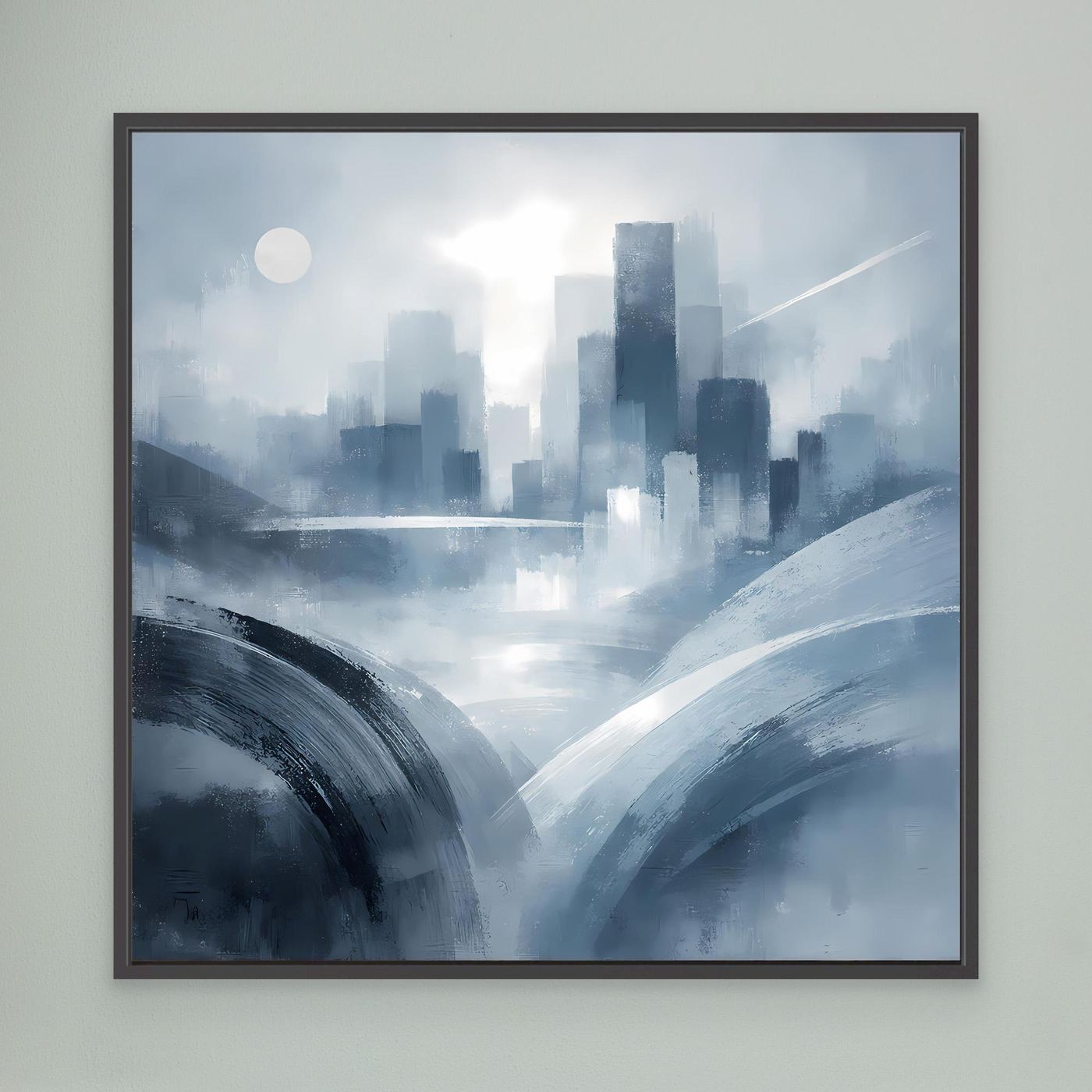 Leinwandbild mit schwarzem Rahmen: abstrakte Skyline in Blau-Grau, Pinselstriche