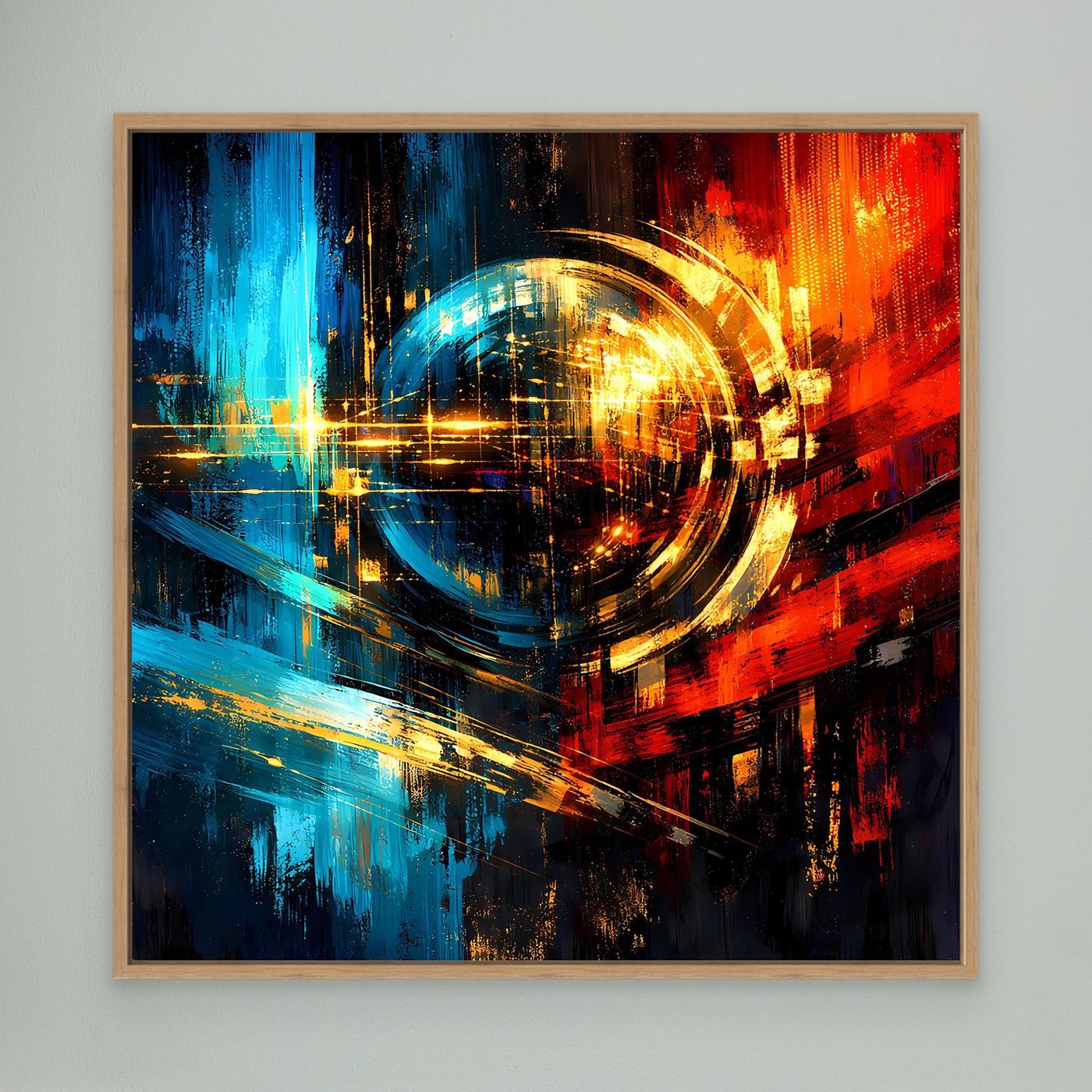 Leinwandbild mit Eichenrahmen – goldenes Lichtkreis-Motiv in Blau, Rot und Gold