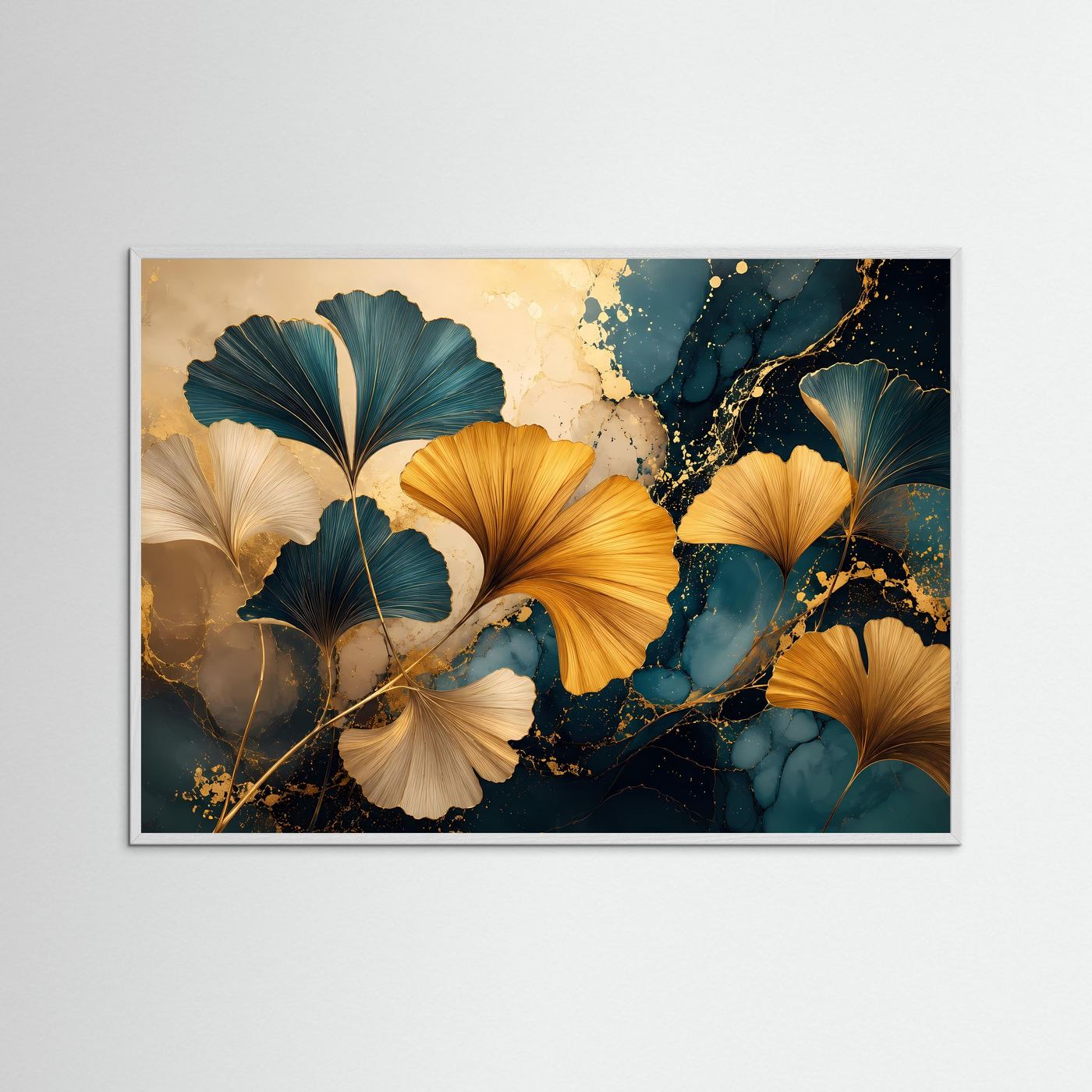 Ginkgo Blätter in Gold & Petrol | Elegante abstrakte Wandkunst