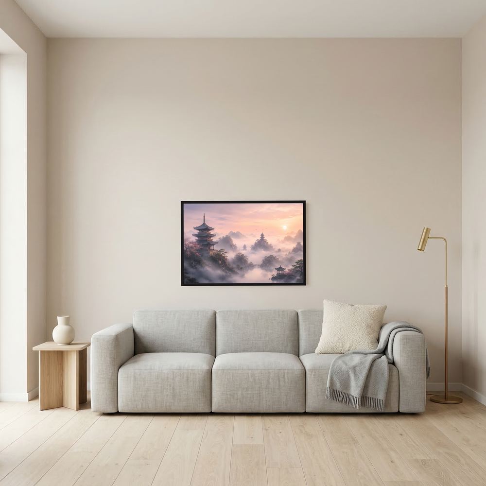 Kleines Wandbild mit Pagodenlandschaft und Pastellrosa-Sonnenaufgang, schwarzer Rahmen