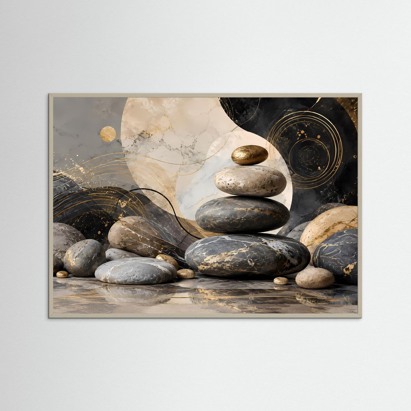 Zen Steine in Schwarz, Gold und Creme | Abstrakte Balance & Harmonie mit Marmorstruktur | Elegante moderne Wellness Kunst im Querformat