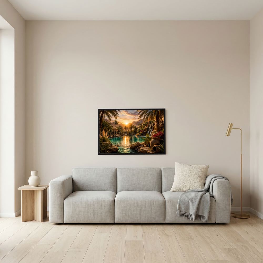 Tropisches Flusslandschafts-Poster im Querformat über Sofa, Sonnenuntergang und Wasserfall im Bild