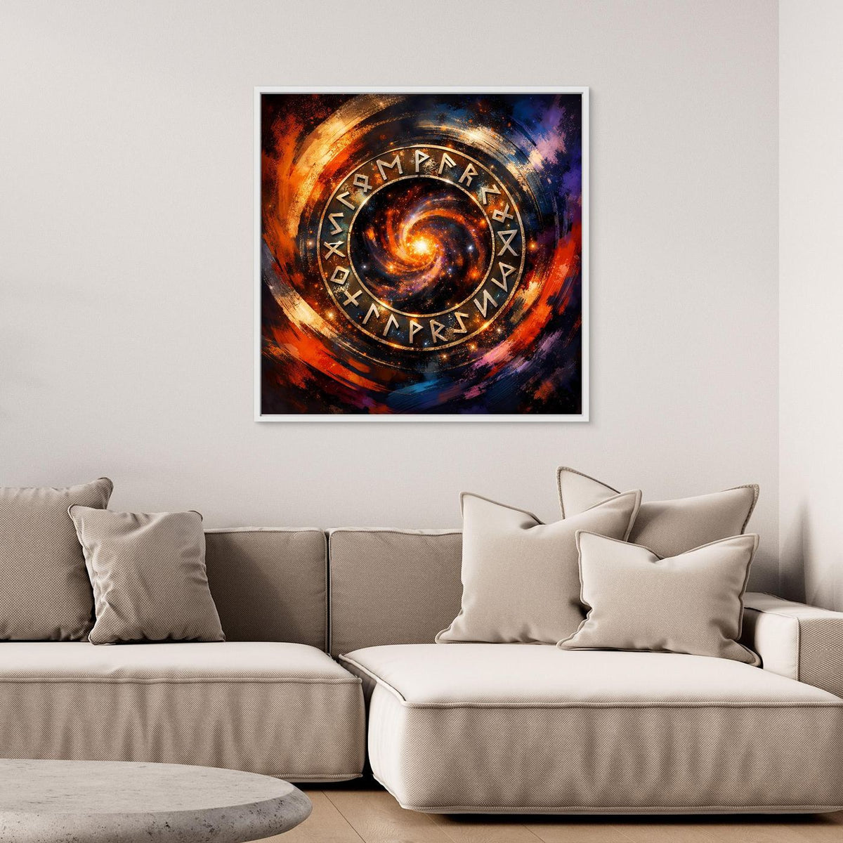 Gerahmtes Leinwandbild mit kosmischem Runenkreis, weißer Rahmen