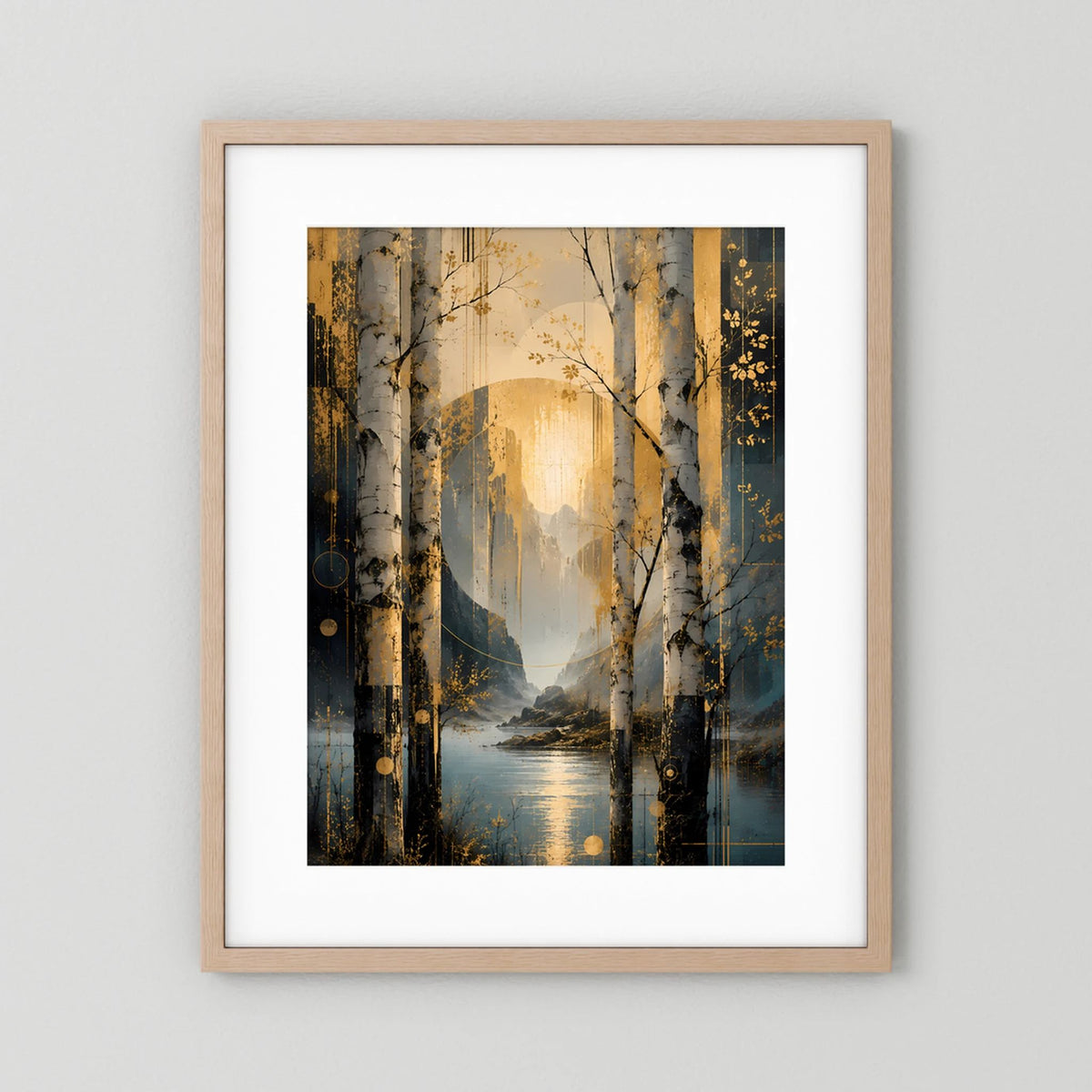 Gerahmtes Poster im Hochformat mit Birkenlandschaft, goldene Sonne, petrolfarbene Uferlinie