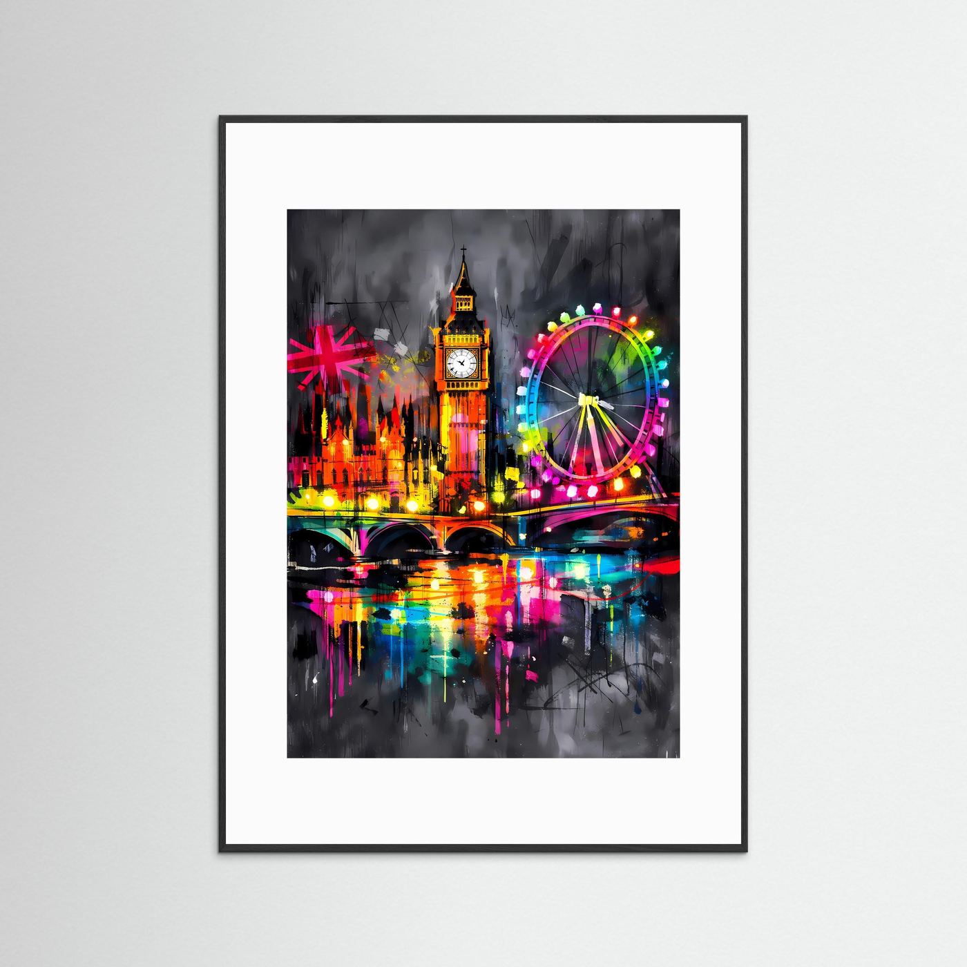 Die Lichter der Themse | Neon London Poster mit Big Ben & London Eye | Abstraktes Skyline Kunstposter Hochformat
