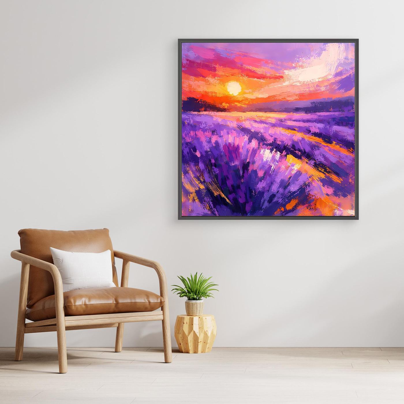 Framed abstract lavender field sunset canvas with purple lavender rows and orange glow