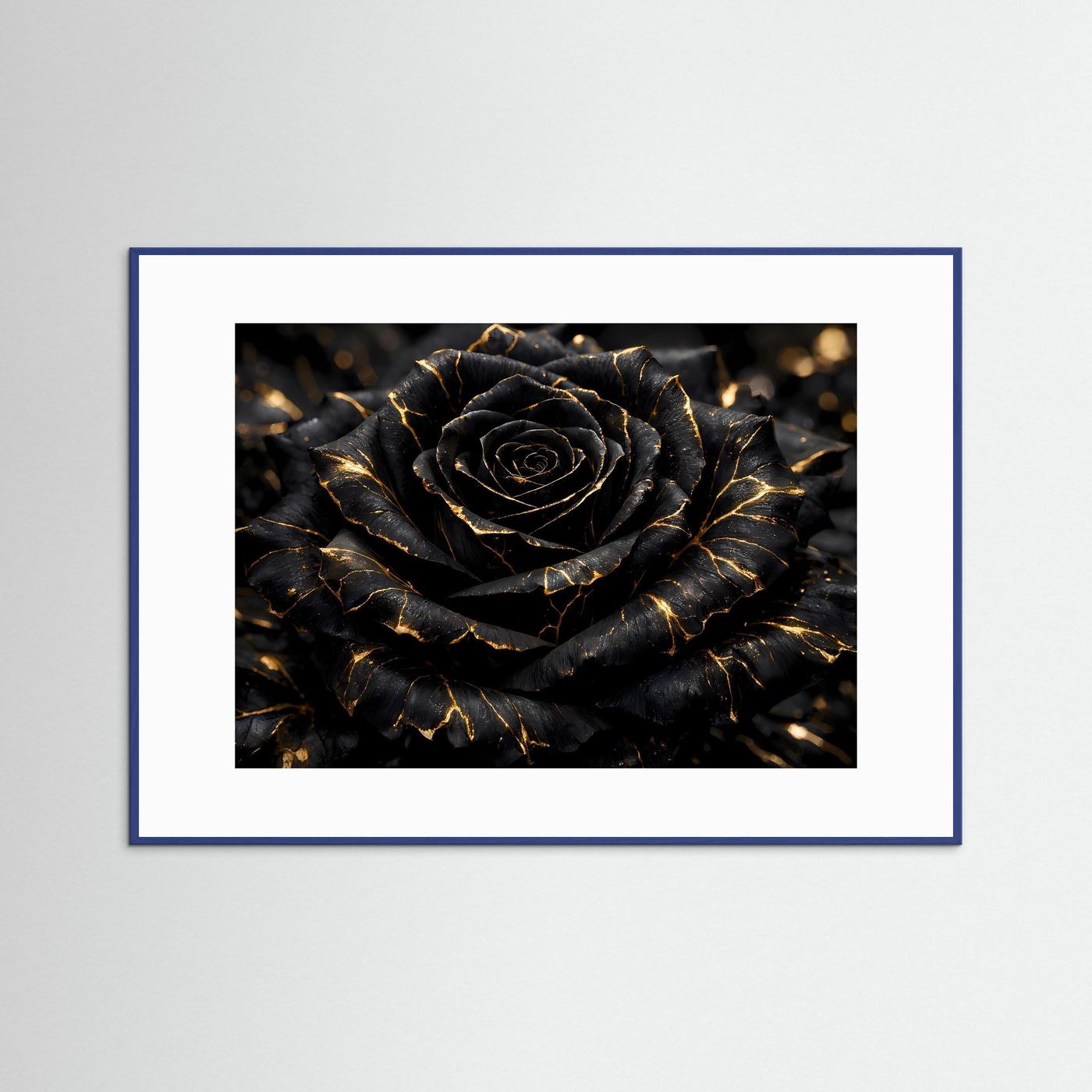 Wandbild mit schwarzer Rose und goldenen Adern im blauen Rahmen
