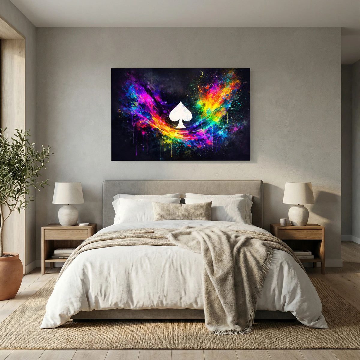 Wandbild im Querformat: abstrakter Neon-Farbenmix mit Regenbogenbogen und weißem Pik-Symbol.