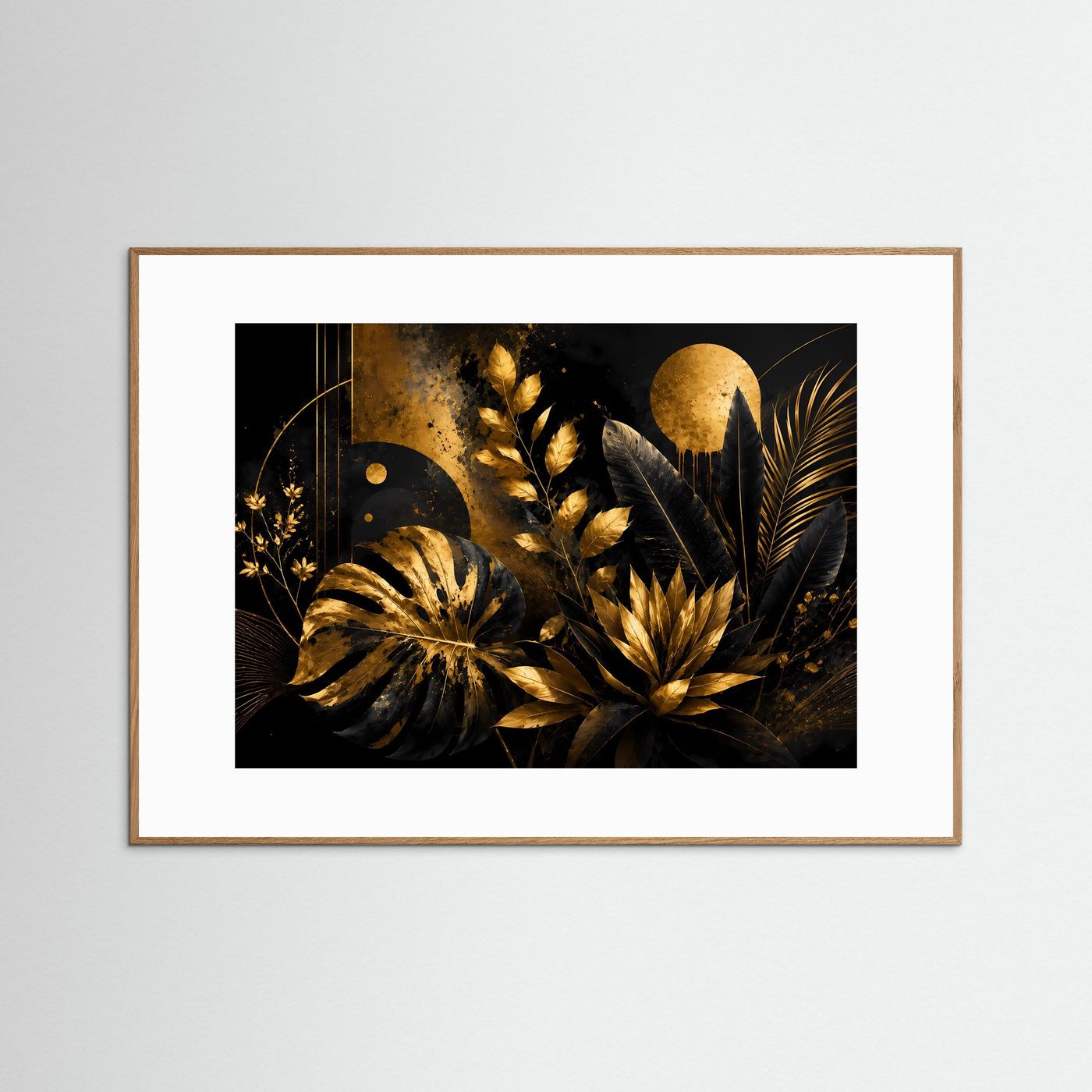 Luxuriöse Tropische Blätter in Schwarz & Gold | Abstrakte Botanische Wandkunst mit Monstera, Palmenblättern und exotischen Pflanzen | Elegantes Premium Wandbild im Querformat