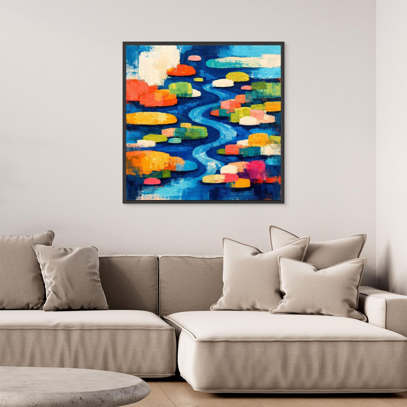 Leinwand-Wandbild mit abstraktem Seerosenteich und Flusslauf, schwarz gerahmt, bunte Akzente