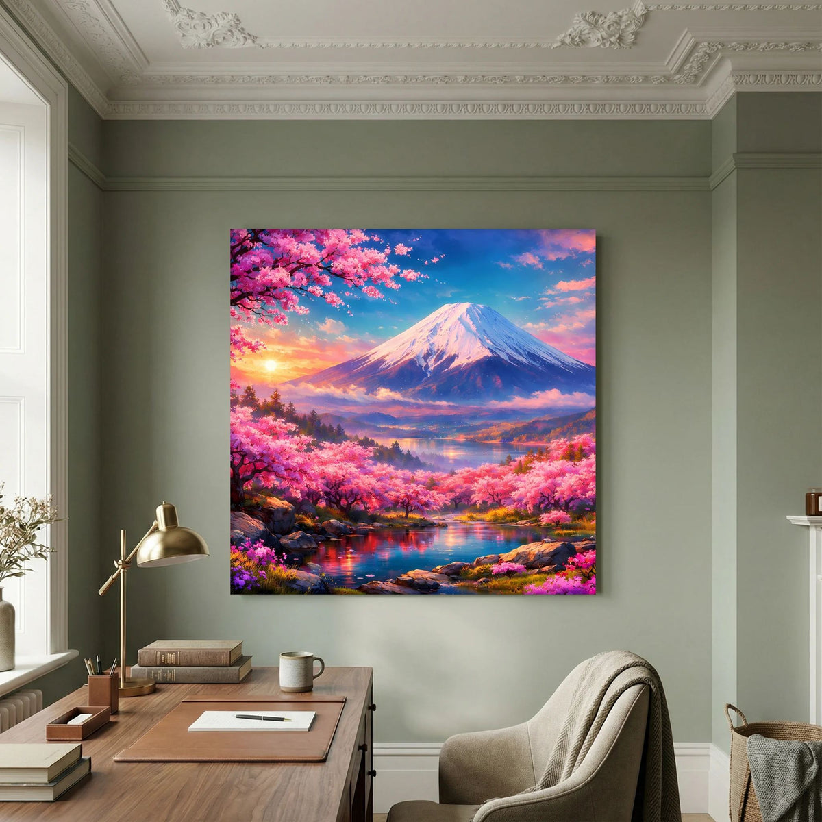 Quadratisches Leinwandbild auf Holzkeilrahmen mit Fuji und pinken Kirschblüten