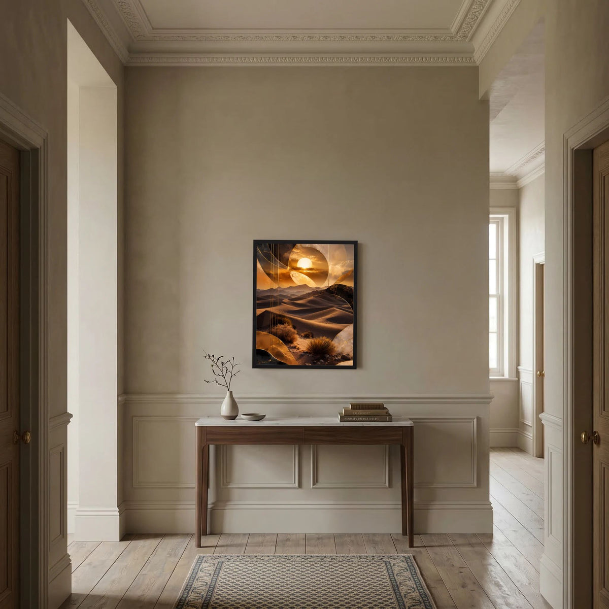Wandposter im schwarzen Rahmen mit goldener Wüstenlandschaft und Sonnenmotiv