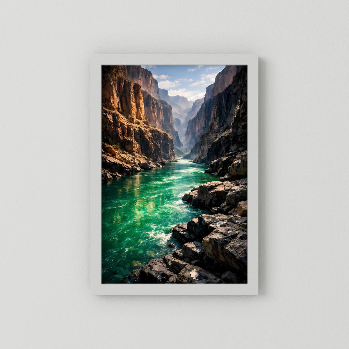 Wandbild mit Canyon-Motiv, türkisgrünem Fluss, weißer Einfassung, Hochformat