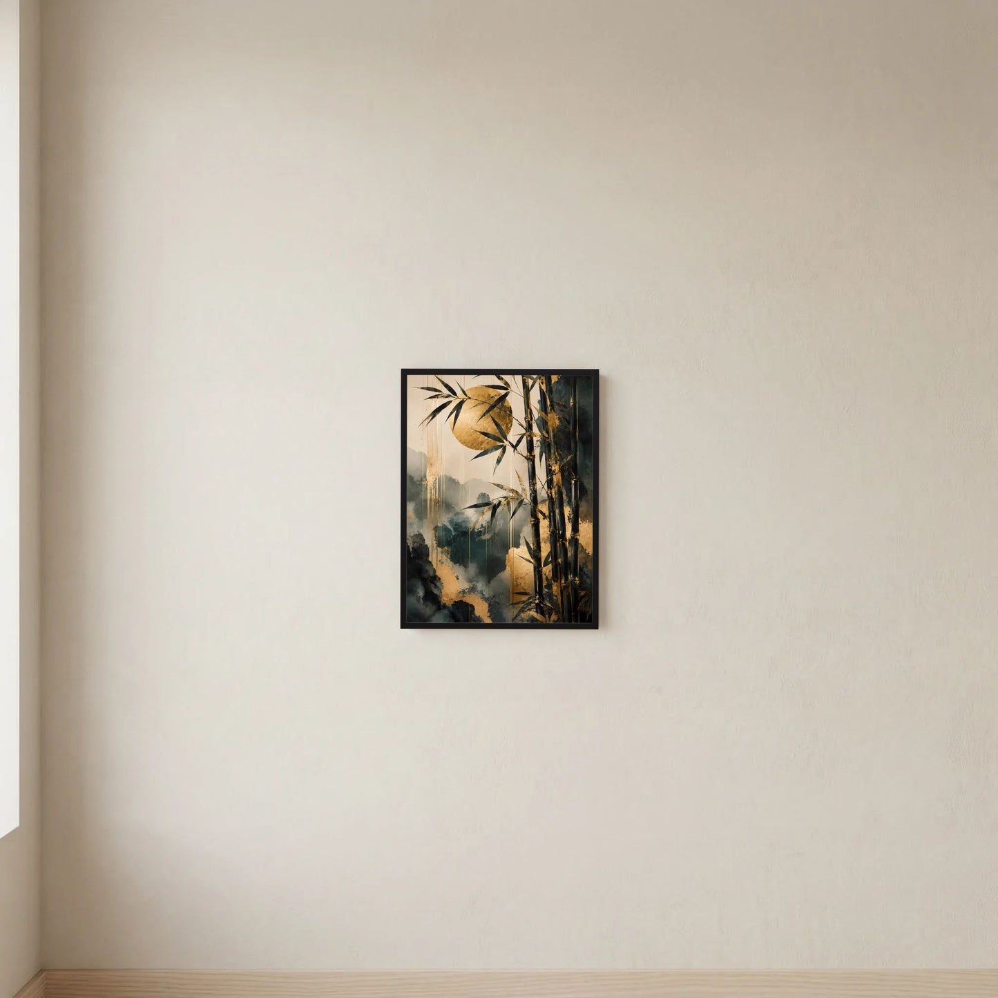 Wandposter im Hochformat mit Bambus und Nebel-Optik, dunkler Rahmen