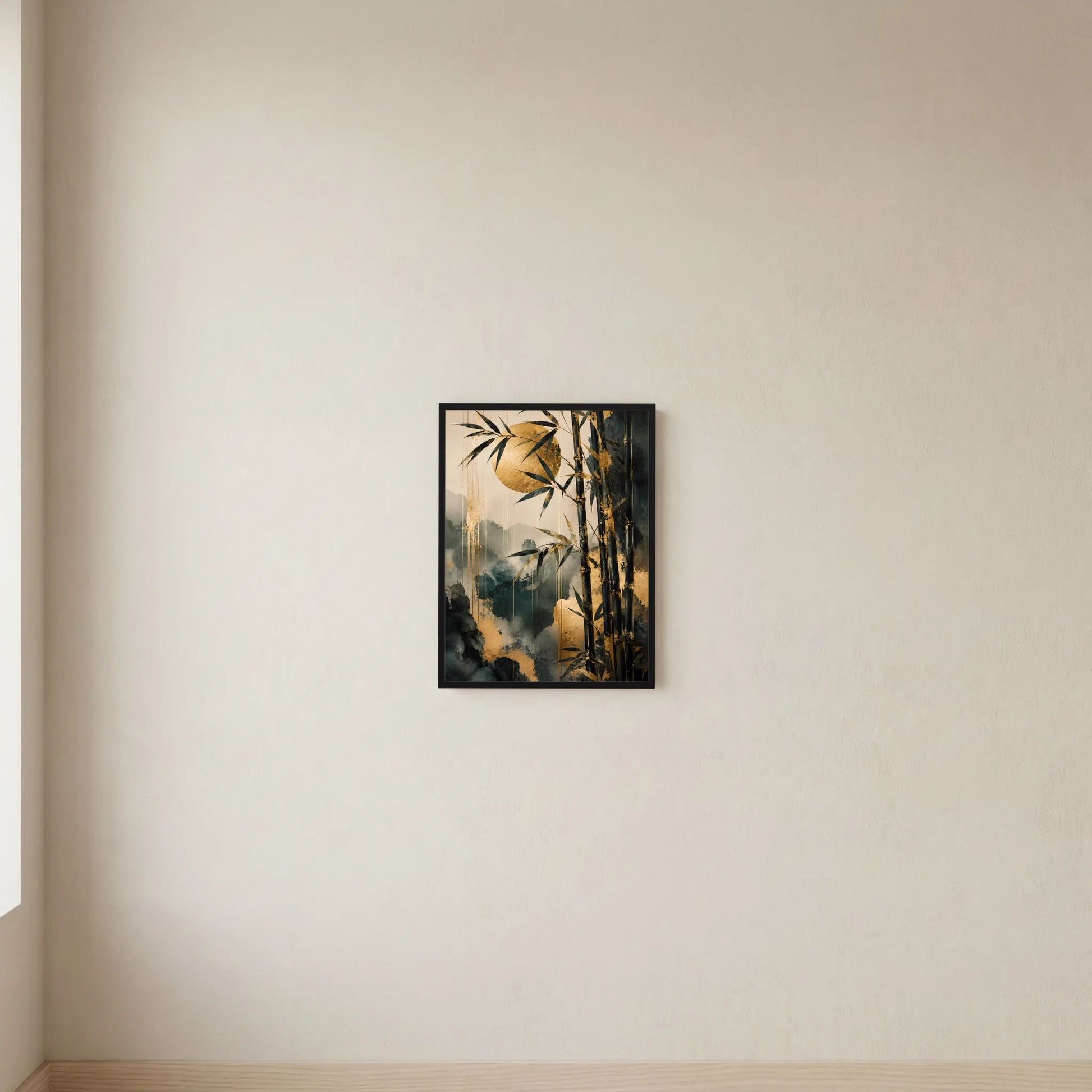Wandposter im Hochformat mit Bambus und Nebel-Optik, dunkler Rahmen