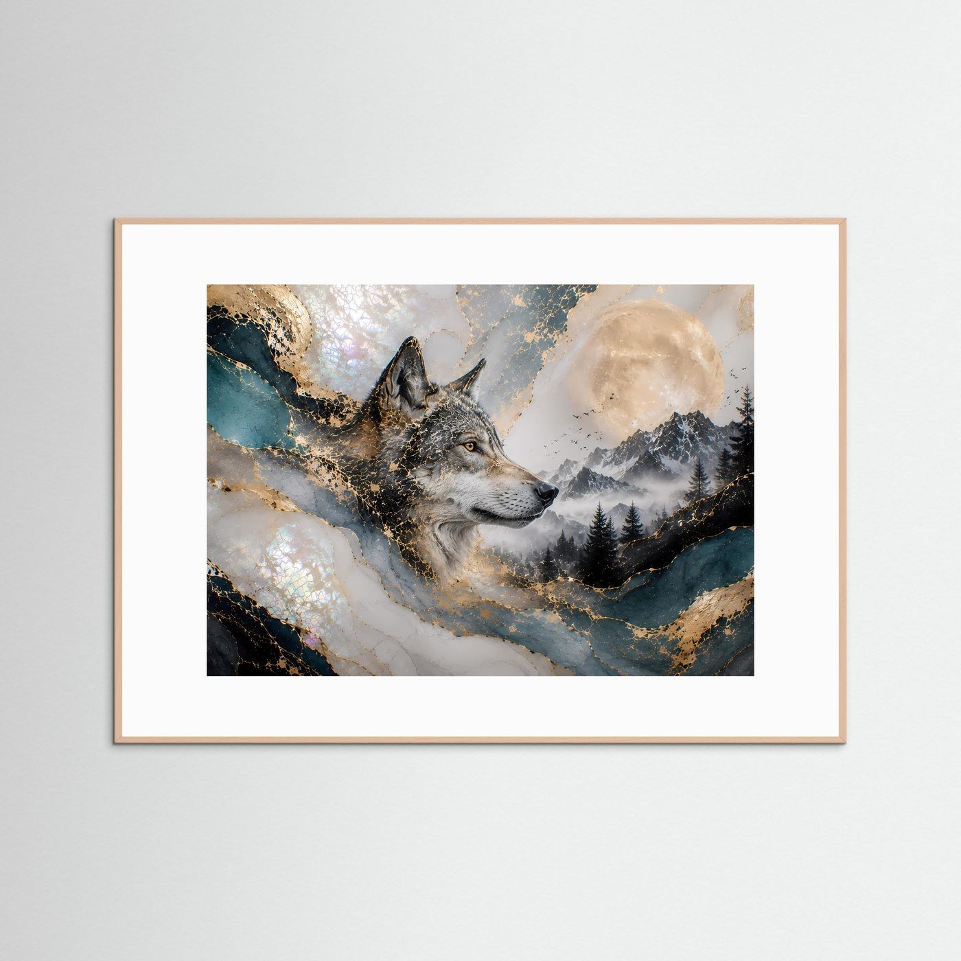 Gerahmtes Querformat-Poster mit Wolf im Mondlicht vor Gebirgslandschaft in Blau und Gold