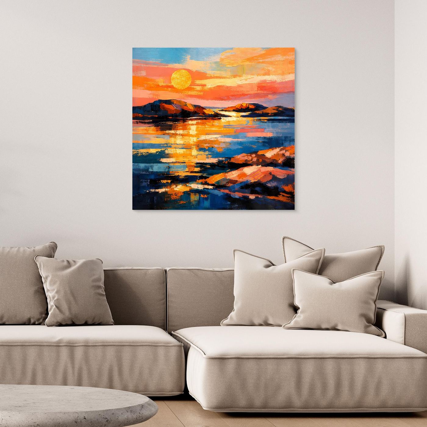 Abstraktes Leinwand-Wandbild mit Sonnenuntergang über dem Meer in Orange und Blau
