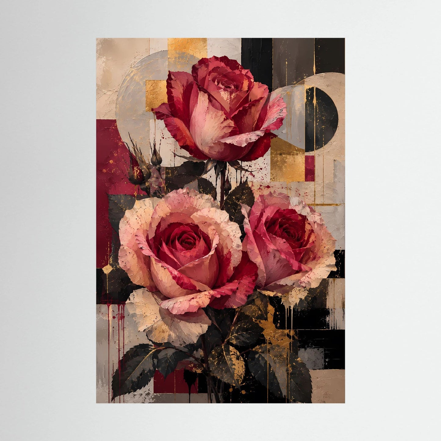 Poster im Hochformat mit abstrakten Rosenblüten in Rot und Gold