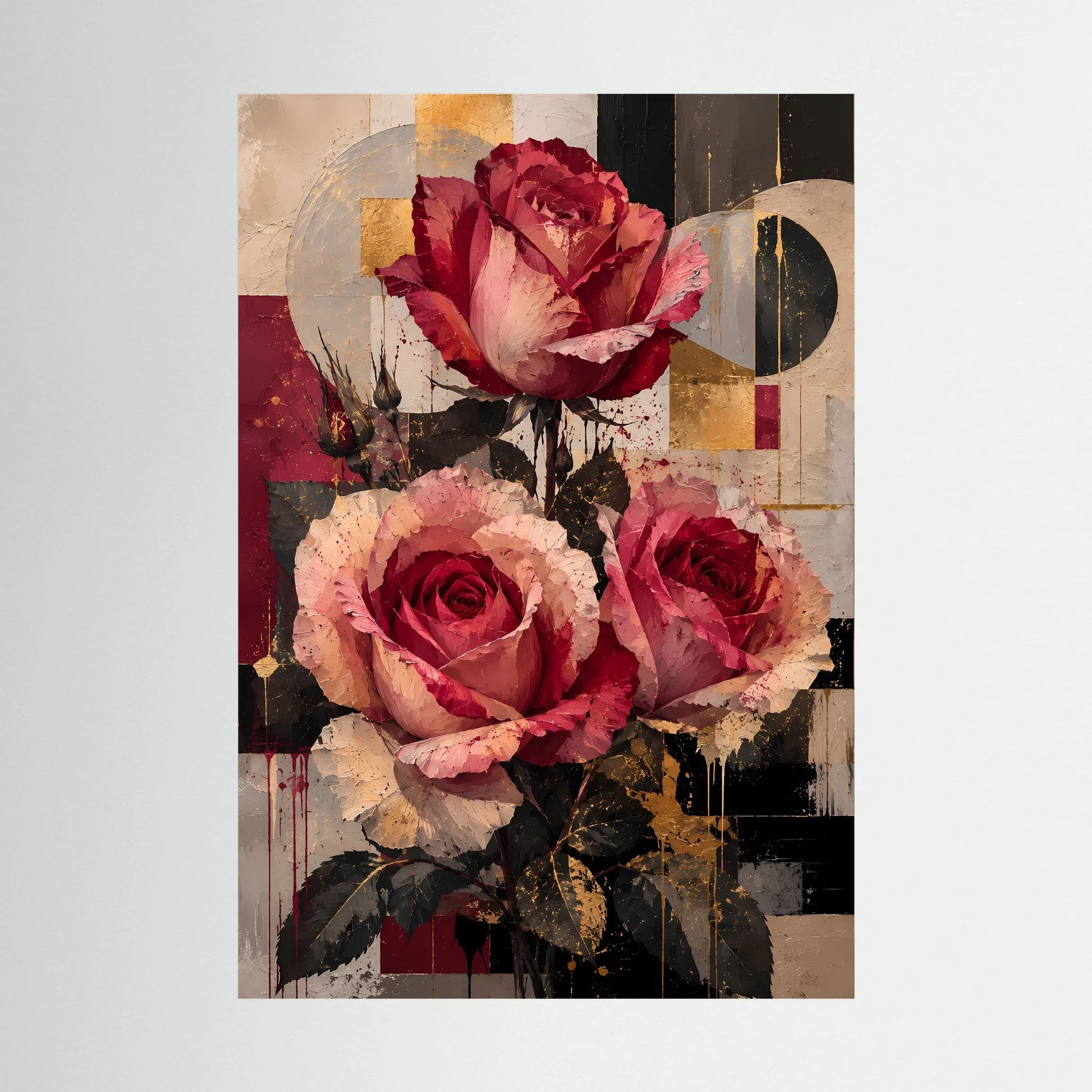 Poster im Hochformat mit abstrakten Rosenblüten in Rot und Gold