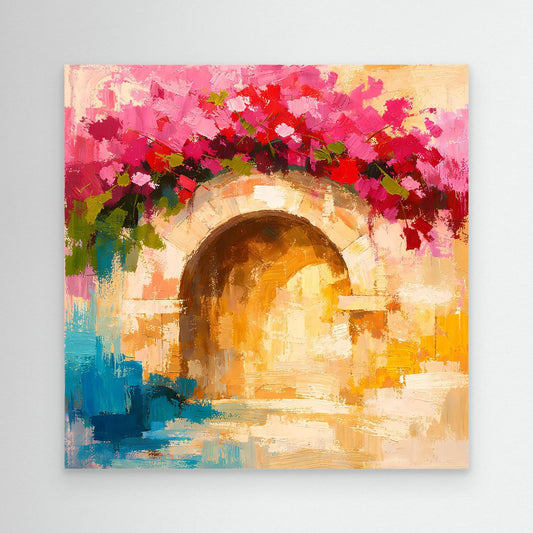 Leinwand Abstrakter Torbogen mit Bougainvillea | Modernes Mediterranes Wandbild Italien