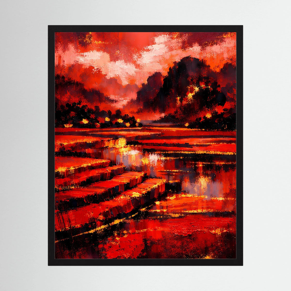 Kunstposter in schwarzem Rahmen mit abstrakter Rot-Schwarz-Landschaft und Wasserreflexion