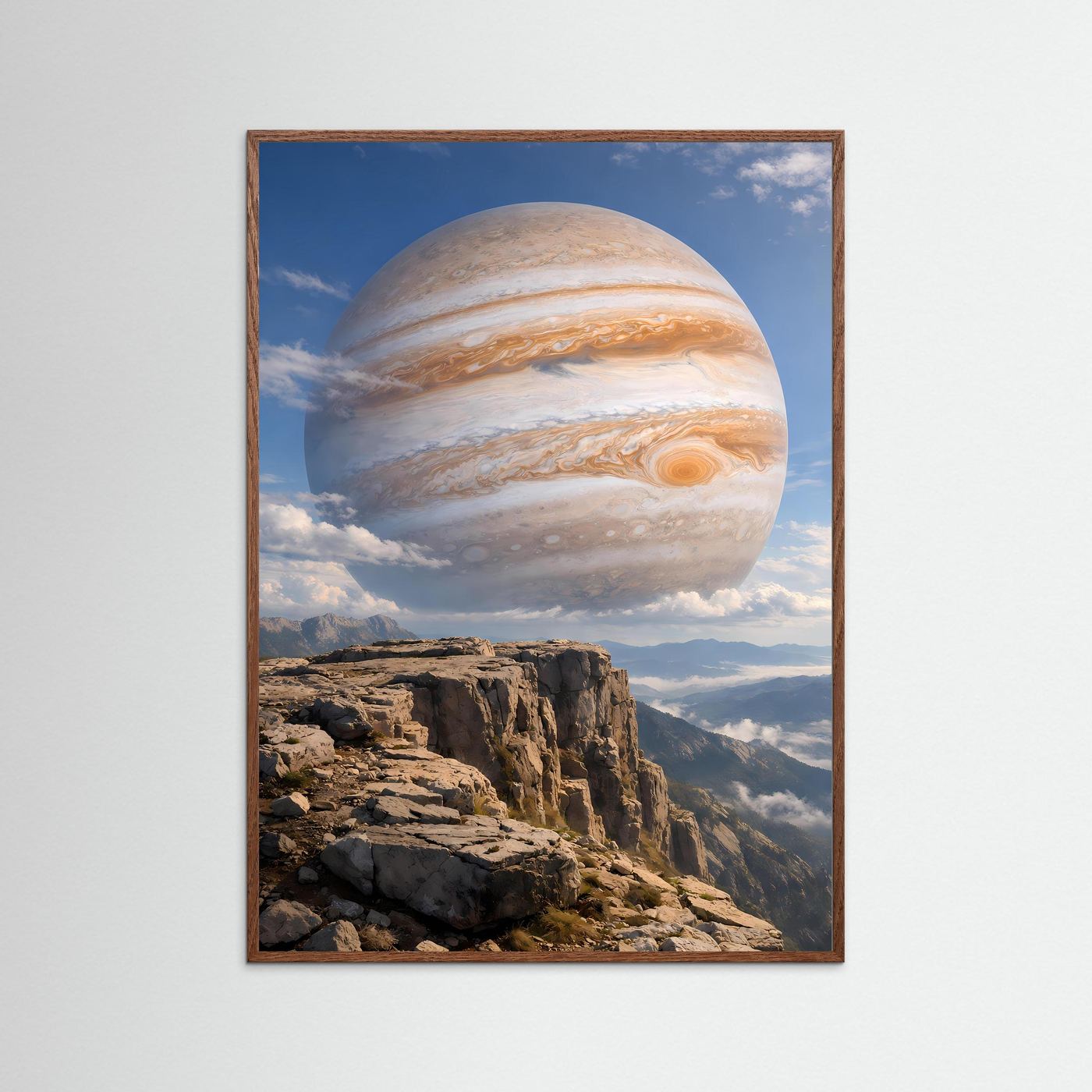 Hochformat-Kunstposter mit dunklem Holzrahmen: Jupiter-Planet über Felsenklippe.