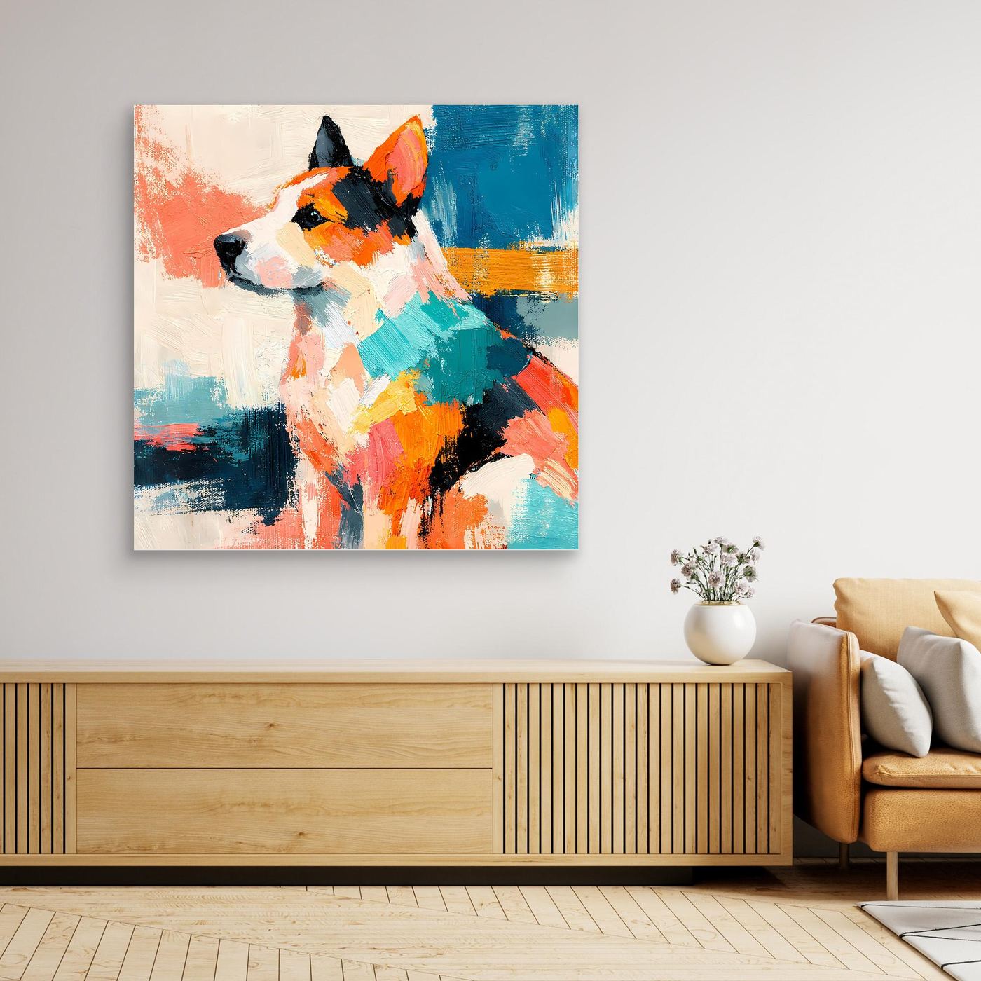 Leinwand-Wandbild mit abstraktem Hund im Pop-Art-Stil, bunte Farbflächen, quadratisch