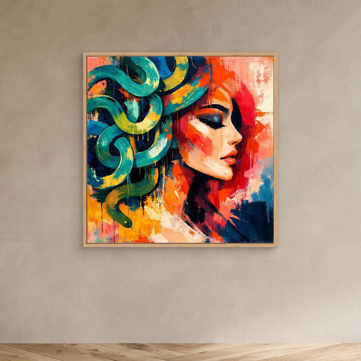 Leinwand-Wandbild Medusa-Profil mit türkis-gelben Schlangen, im hellen Rahmen